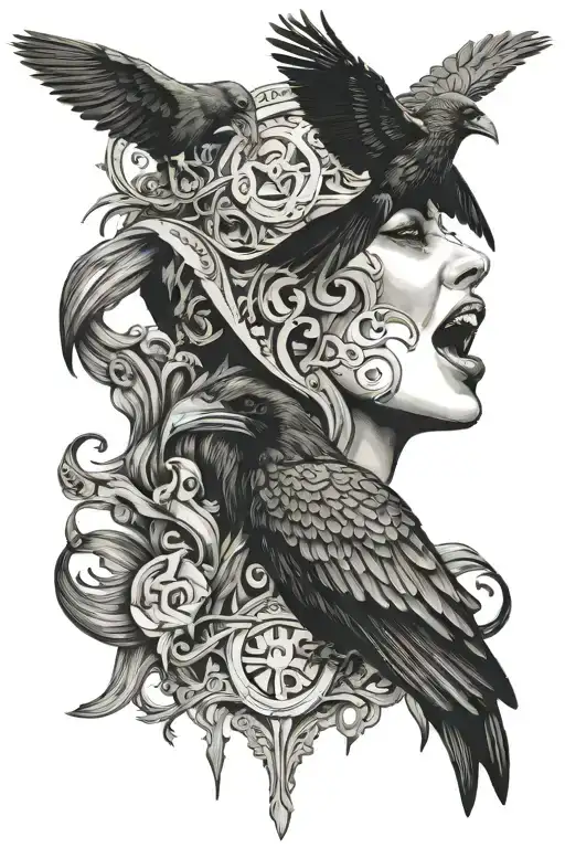 Raven And Woman Face Open Mouth And Forked Tongue Surrounded