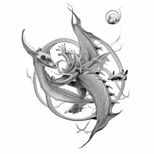 An Intricate Dragon And Manta Ray Intertwined In An Oceanic Scene