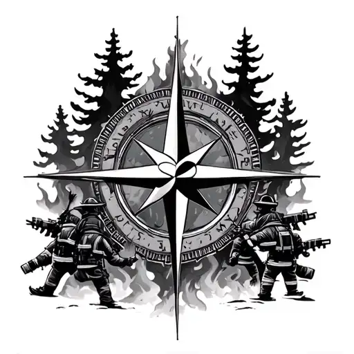 Compass Rose Surrounded By Burning Trees With Fire Fighters In Front