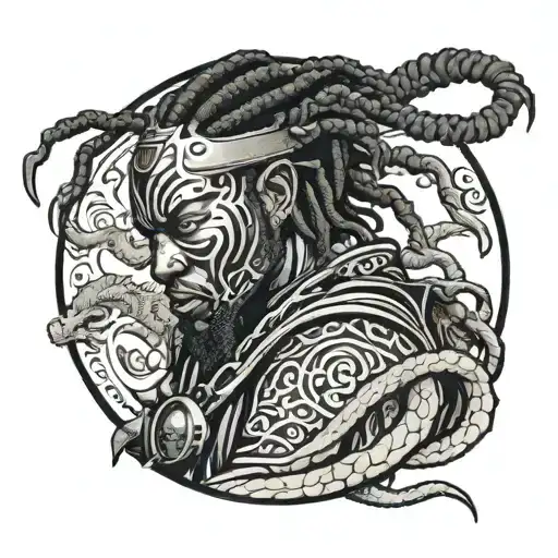Black Samurai With Dreads Looking Over Shoulder With Dragon In Background