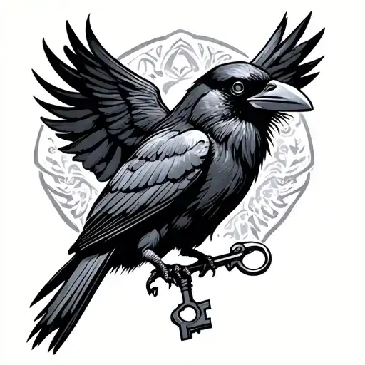 A Crow With A Key In The Beak