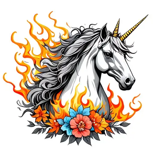 Unicorn Rising From Fire With Flowers