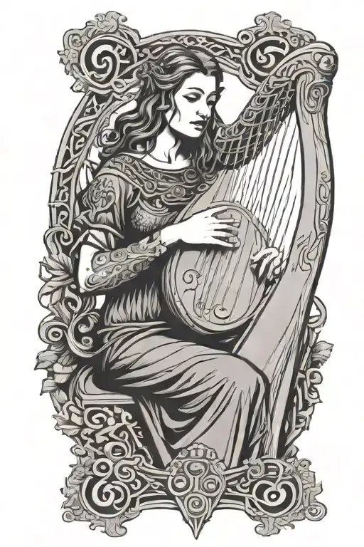 Female Irish Bard Playing A Small Celtic Harp