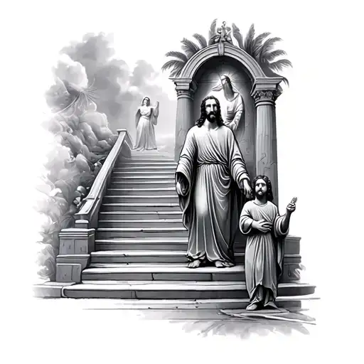 Father And Son At The Foot Of The Staircase With The Gate Of Paradise On Top