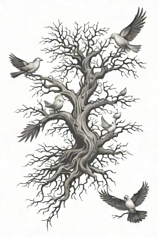 Long Poison Tree With Roots And Two Doves Flying