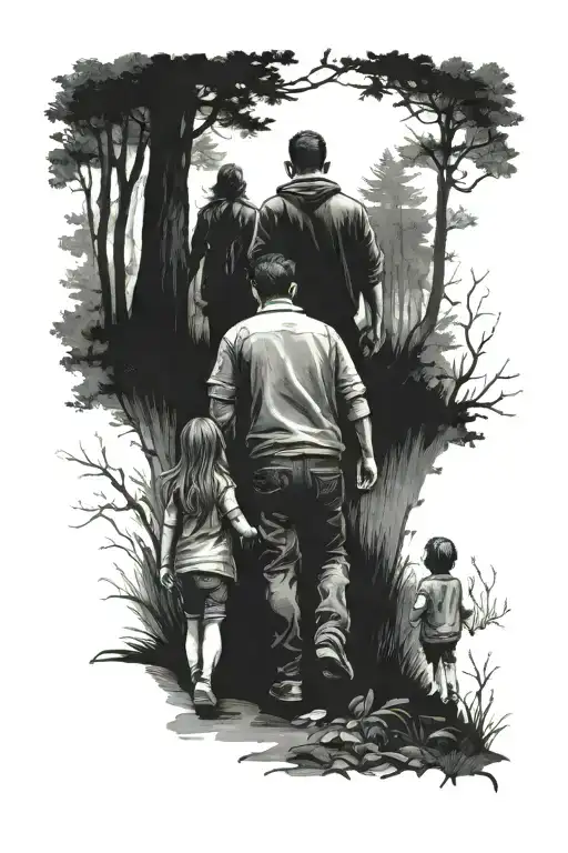 Father Walking In The Woods With Two Girls And Two Boys