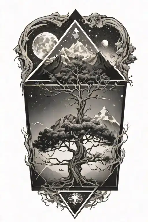 Tree With Roots And A Mountain Background With Outerspace And Heaven Above Inside Triangles