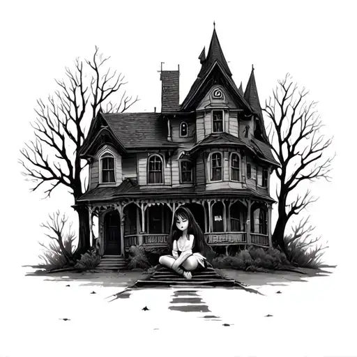 Haunted House With Little Girl Sitting