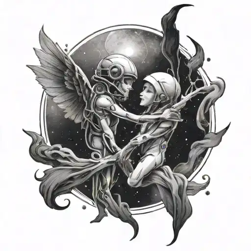 Two Spirits Loving Each Other In Space Surrounded