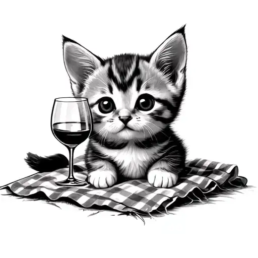 A Little Kitten Sitting On A Picnic Blanket And Holding A Wine Glass In The Paws