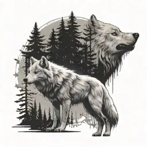 White Wolf In The Woods With A Black Wolf In The Background