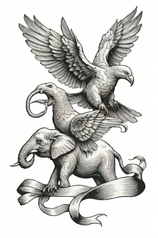 Two Doves Flying While Carrying A Ribbon Carrying An Elephant