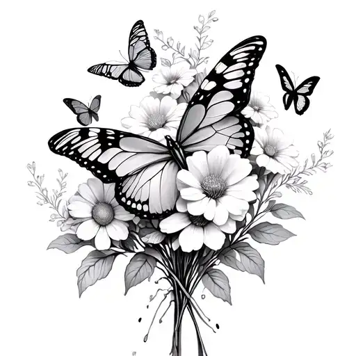 Butterflies Around Hyandrea Flower Bouquet Fine Line
