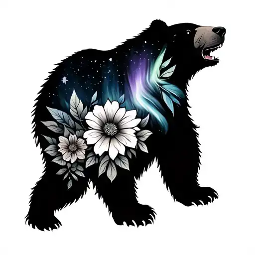 Bear Outline With Northern Lights And Metis Flowers
