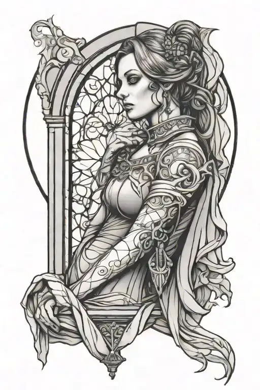 Gothic Woman Draped In Front Of Cathedral Stained Glass Window