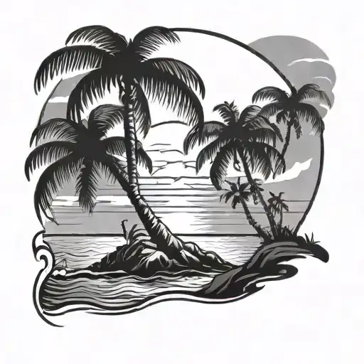 Ocean Sunset Beach Scene With Palm Trees