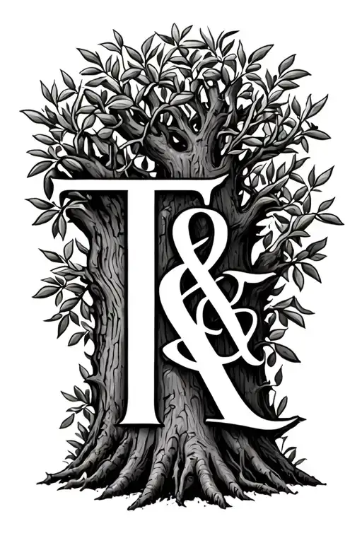 Olive Tree With Letters 'T' '&' 'A' Intertwined In The Bark In The Bark