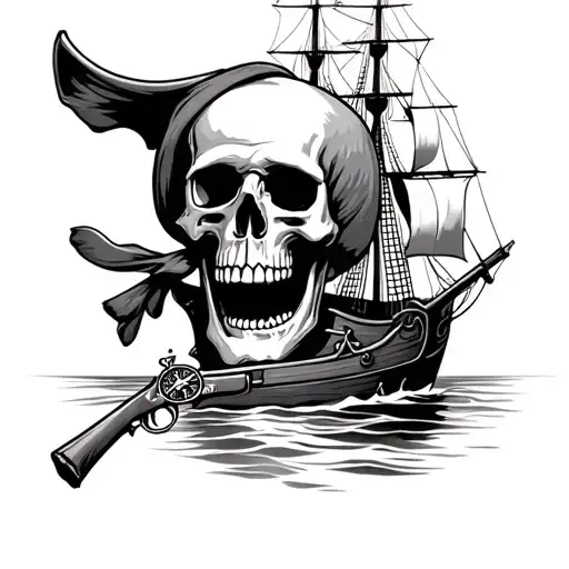 Pirate Skull And Pirate Ship With Compass And Hand Musket