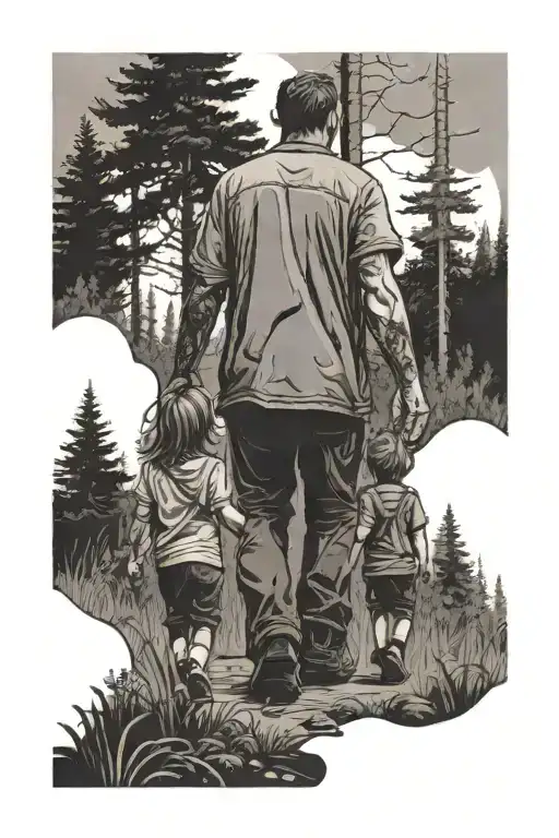 Father Walking In The Woods With Two Girls And Two Boys