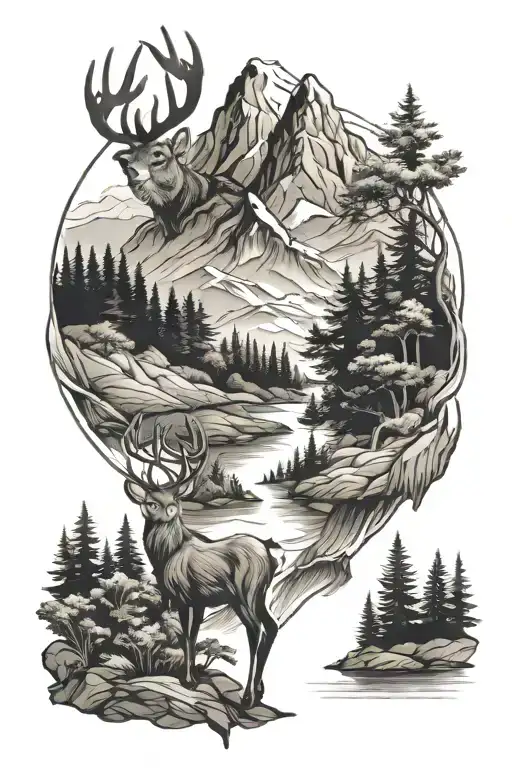 Mountains With Forest Trees With Deer And Rivers