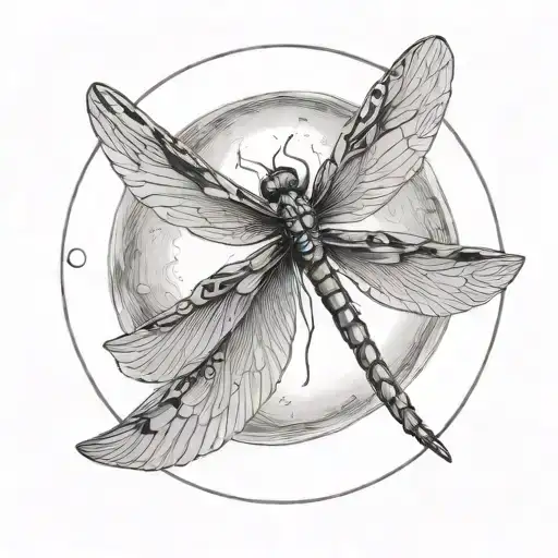 Line Art Dragonfly Flying Seen From Above With Moon