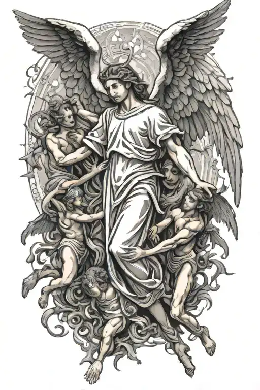 Angel Reaching Out For Other Angel Being Pulled Down By Demons