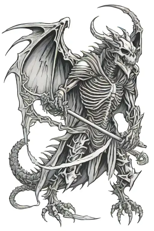 Dragon Skeleton With A Grim Reaper Hood Holding A Scythe
