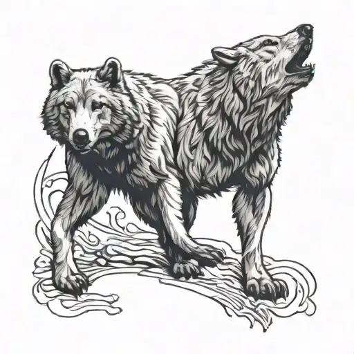 Gray Bear And Gray Wolf Having A Terrifying Shadow