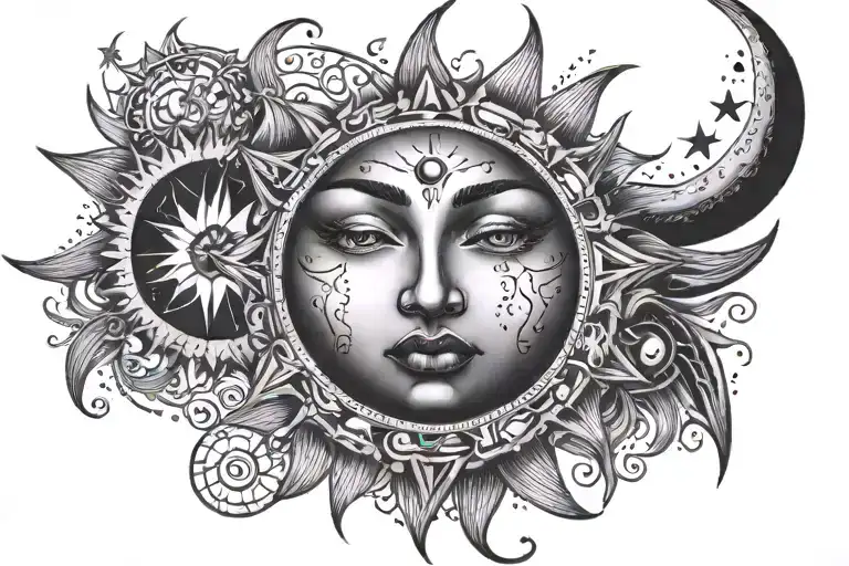 Face Blended With Sun And Moon And Stars