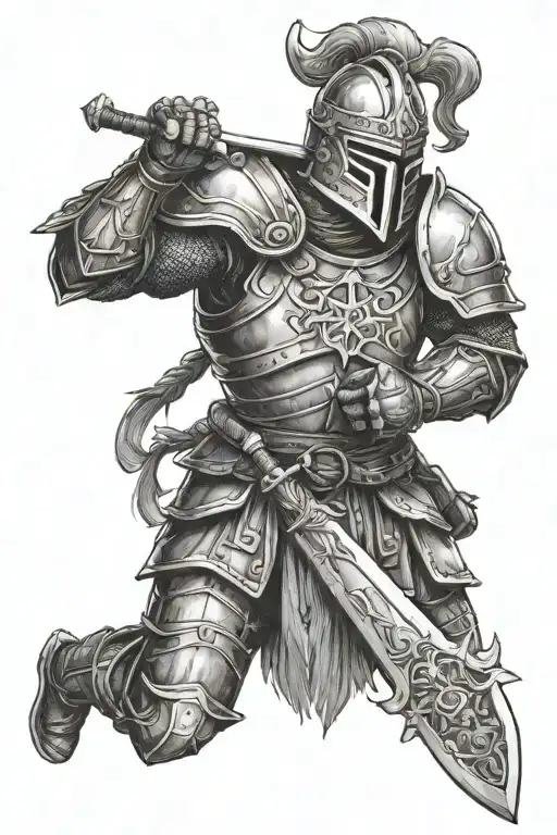 Worrior In Armor Holding A Sword With A Cross