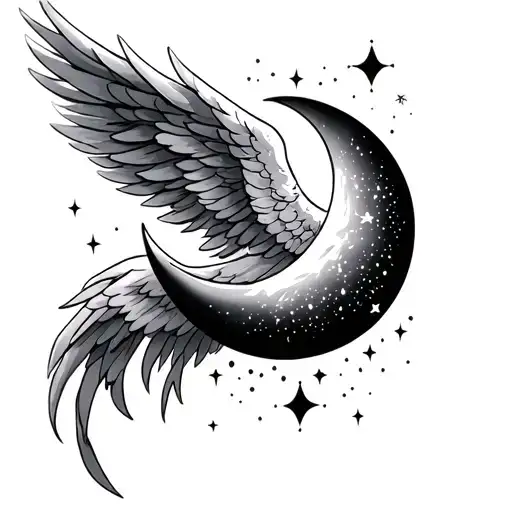 Crescent Moon And Angel Wings
