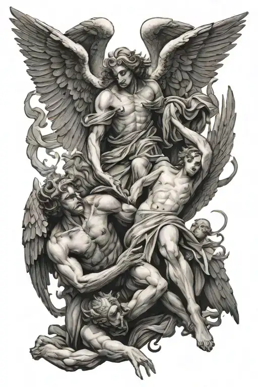 Angel Reaching Out For Other Angel Being Pulled Down By Demons