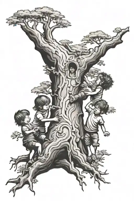 Tree With Kids Playing Together