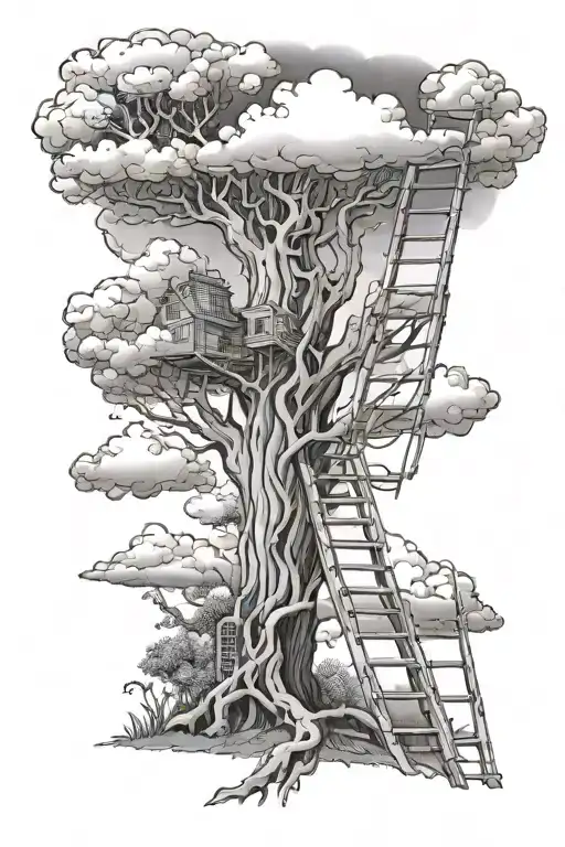 Enchanted Tree With A Ladder And Clouds At The Top