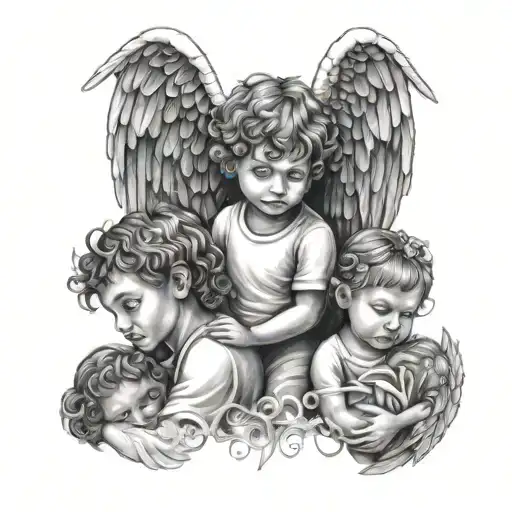 Father With Angel Wings And Two Child Girls And One Child Boy