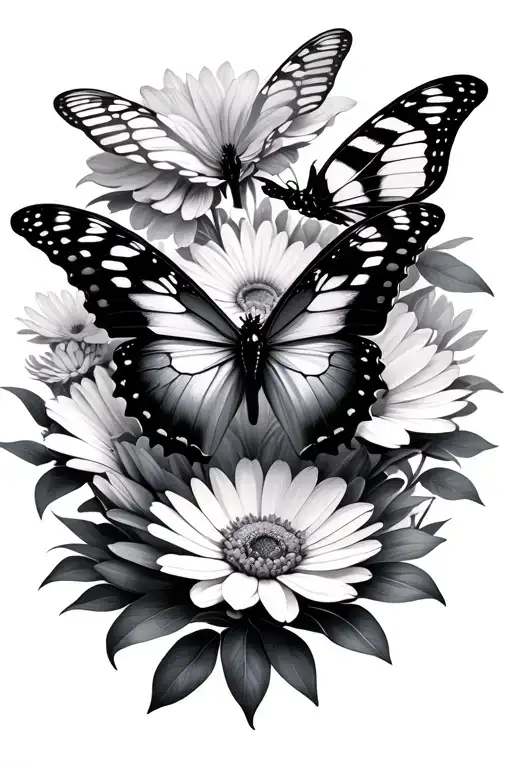 Butterflies And Cosmos And Chrysanthemum Flower