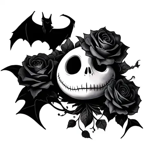Jack Skellington Black Roses Bats Flying