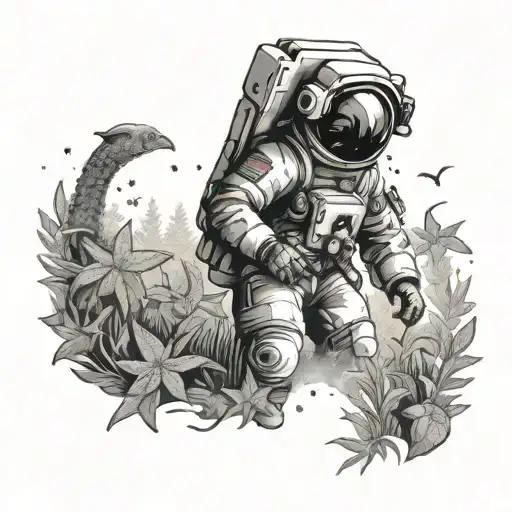 Astronaut Exploring A Forest Filled With Sea Stars Instead Of Flowers