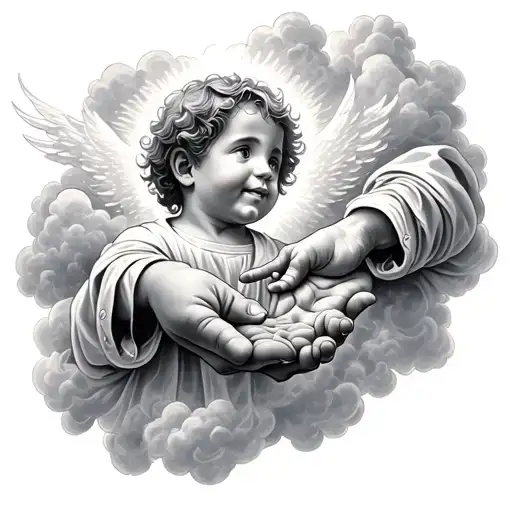 Grandpa's Hand In Heaven Touches Grandson's Hand Through A Cloud