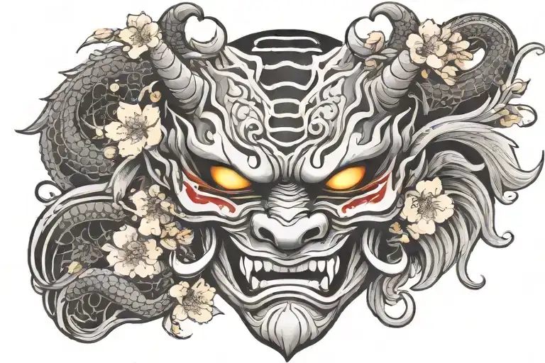 Oni Mask With A Dragon And Cherry Blossom Petals Falling