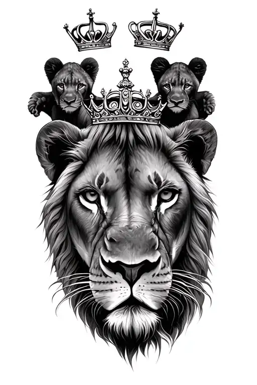 Female Lion And Two Cubs With Crowns On Shoulder