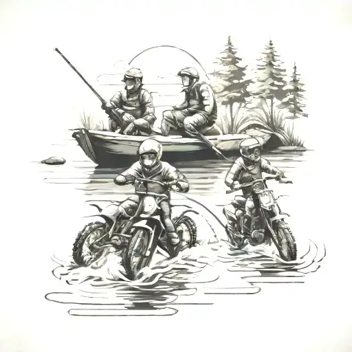 A Family Of Dirtbike Riders Fishing By A Lake