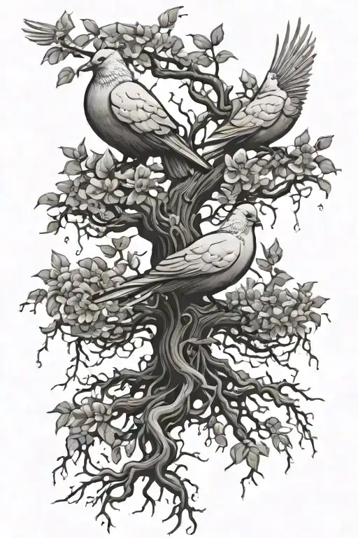 Long Poison Tree With Roots With Only Two Doves Flying