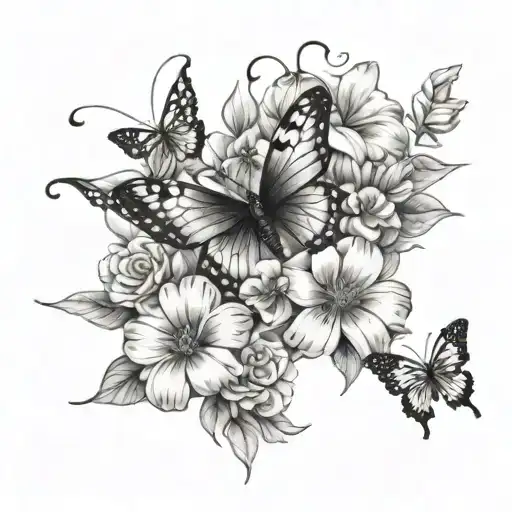 Flowers And Butterflie Flying In A Line