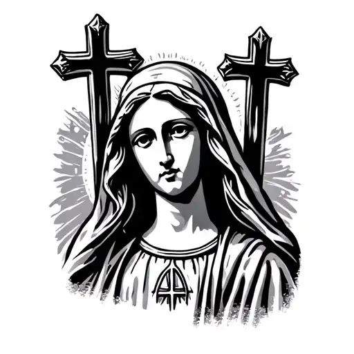 Virgin Mary And 3 Crosses Horizontally
