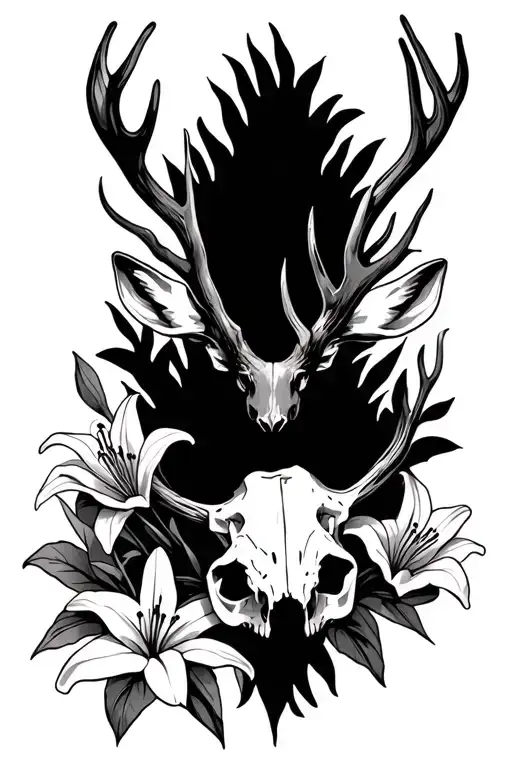 Deer Skull And Lillies Growing