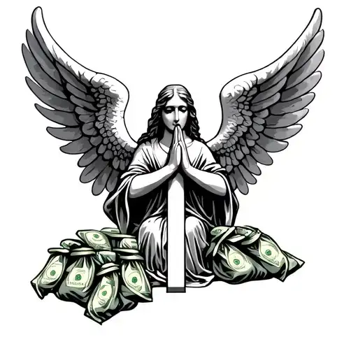 Filled In Cross Surrounded Praying Angel With Bags Of Money
