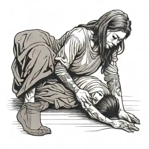 Girl On The Floor Curled Up In A Ball In Despair With Jesus Comforting Her