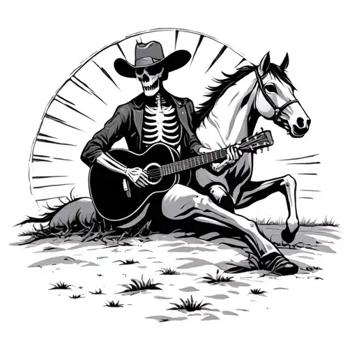 Skeleton Cowboy Playing Guitar On The Ground Leaning Aginst A Horse In Front Of A Sun Setting