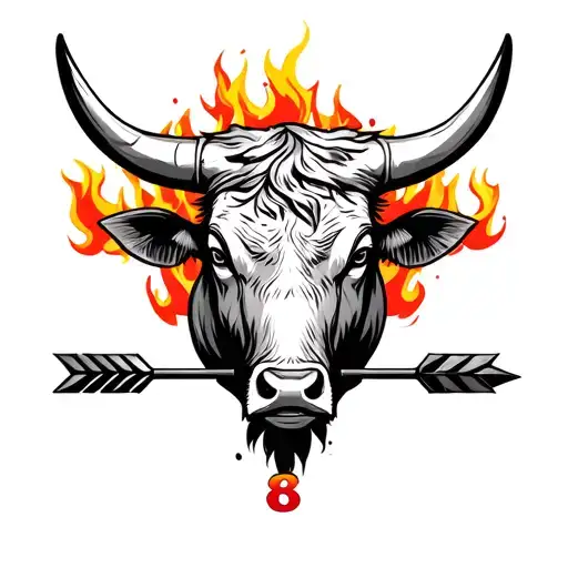 A Bull In The Center An 8 An Arrow A 6 And Fire As The Background